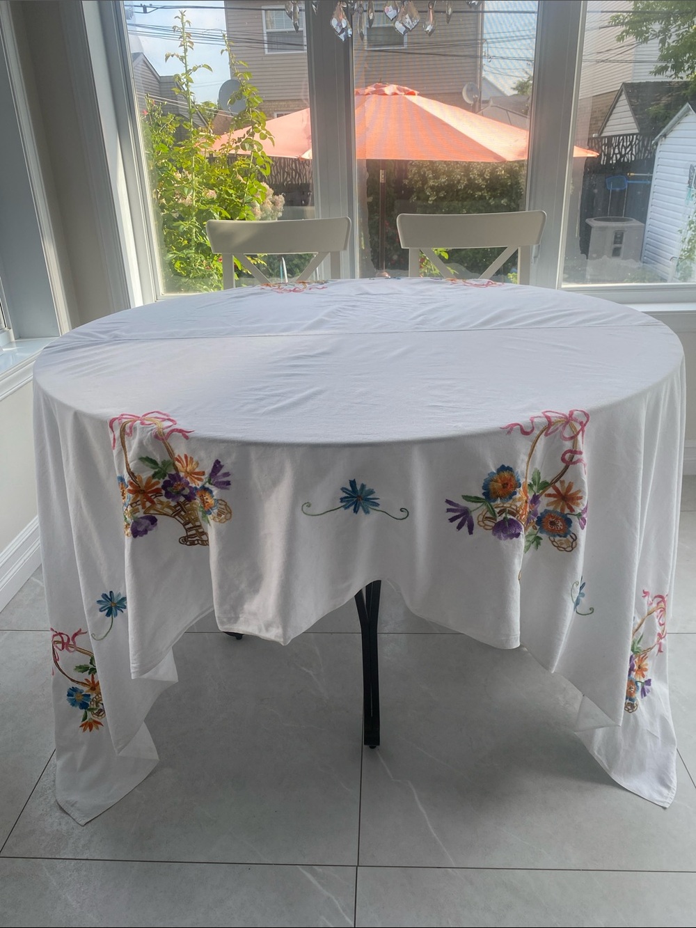 Handcrafted Large Square White Embroidered Floral Tablecloth/Fabric W:64”xL:91”